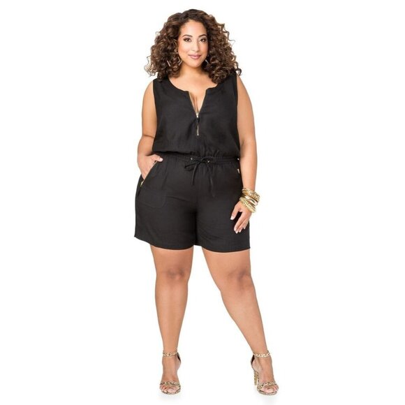 Ashley Stewart Romper Black Ramie Sleeveless Zip V Neck Drawstring - Picture 1 of 9